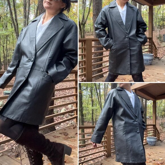 y2k blck 100% leather ‘Savannah’ overcoat minimalist trench - SZ M! stylish ~ - Picture 2 of 8